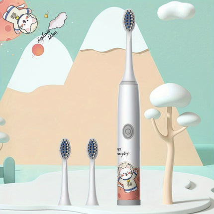Sonic White Space Cat Electric Toothbrush for Kids - 3 Brush Heads Included - Soft Bristles for Gentle Cleaning - Waterproof and Easy to Use - Ideal for Children Ages 3-15