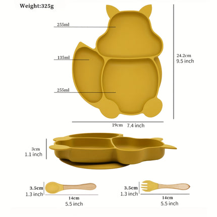 Silicone Feeding Suction Plate With Wooden Spoon And Fork Set