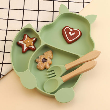 Silicone Feeding Suction Plate With Wooden Spoon And Fork Set