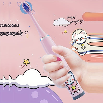 Sonic White Space Cat Electric Toothbrush for Kids - 3 Brush Heads Included - Soft Bristles for Gentle Cleaning - Waterproof and Easy to Use - Ideal for Children Ages 3-15