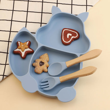 Silicone Feeding Suction Plate With Wooden Spoon And Fork Set